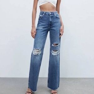 Dark Wash Distressed Straight Leg Jeans